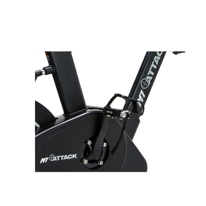 The Attack Fitness M1 Magnetic Studio Bike by Attack Fitness is a black belt-driven indoor cycle with console, featuring an adjustable seat, handlebars, and large flywheel—ideal for indoor cycling workouts against a white background.