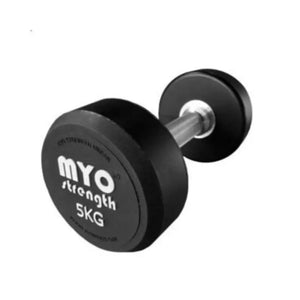 The MYO Strength Urethane Dumbbell, 5kg, features a black ultra-durable, noise-reducing design with a silver handle—perfect for strength training. Commercial-grade quality by MYO Strength.