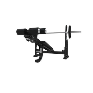 The JORDAN Decline Weight Bench by Jordan is a UK-made commercial chest press bench in black, featuring padded rollers and a barbell rack, designed for chest strength and weightlifting exercises, shown isolated on a white background.