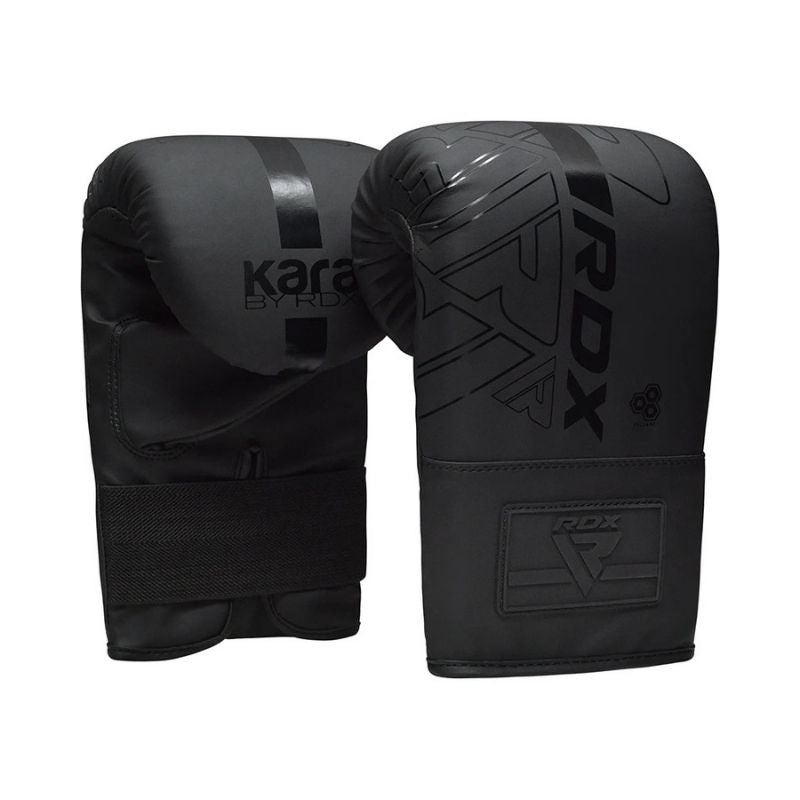 A pair of black RDX - Kara F6 Bag Mitts with Velcro straps, shown front and side, featuring the RDX logo, sleek design, and built-in impact protection for heavy bag training.