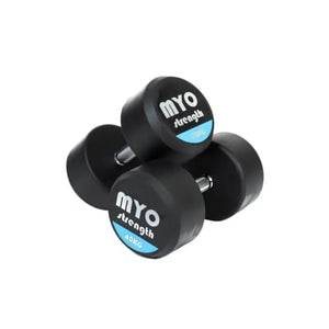 Two MYO Strength Rubber Dumbbells, each labeled 10 KG in black, white, and blue on the end, feature silver handles and a noise-reducing design. Durable and colour-coded, they are shown on a white background.