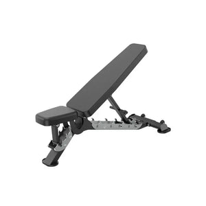 The Attack Fitness Attack Strength Adjustable Bench – Commercial FID Bench with Hip Thrust Pad & Locking Bar is shown in black and silver, featuring a padded seat and backrest in an inclined position on a white background.