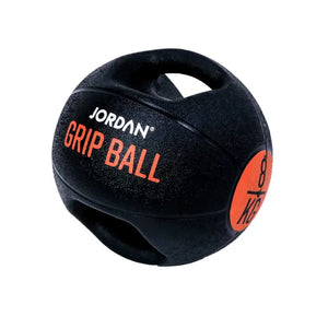 The JORDAN Double-Grip Medicine Ball by Jordan features two handles, black color with red accents, labeled GRIP BALL and 10 KG—ideal for functional training, core conditioning, strength training, and fitness exercises.
