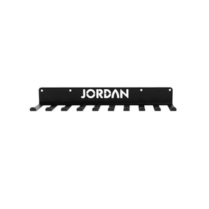 The Jordan Power Band Wall Hanger is a black metal rack with eight hooks, ideal for storing resistance bands or skipping ropes—perfect gym accessory from Jordan.