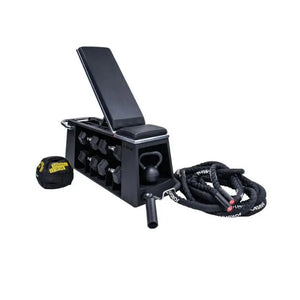 The Jordan JORDAN HIIT Bench is a black adjustable all-in-one training station with built-in storage for dumbbells, a kettlebell, a sandbag, and battle ropes—perfect for keeping your home gym organized.