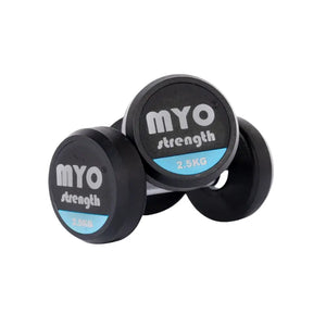 Two MYO Strength Rubber Dumbbells, each labeled 10 KG in black, white, and blue on the end, feature silver handles and a noise-reducing design. Durable and colour-coded, they are shown on a white background.