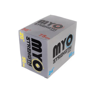 The MYO Strength 3-in-1 Soft Plyometric Jump Box offers 20”, 24”, and 30” heights for versatile jump training. This commercial-grade, large gray plyo box features color-coded text on each side for easy height identification.