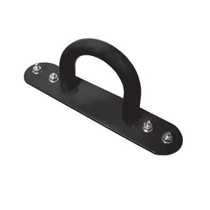 The JORDAN Battle Rope Anchor by Jordan is a black metal wall or floor mount with a large curved handle and four bolts, ideal for securing battle ropes, resistance bands, or suspension trainers; shown isolated on white.