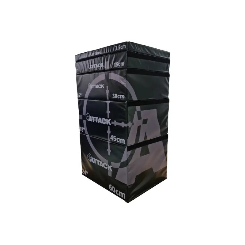The Attack Fitness Soft Plyometric Platform – 5 Box Set features black and gray stackable boxes with white measurements (7.5cm–60cm), target graphics, and Attack branding—perfect for explosive training routines.