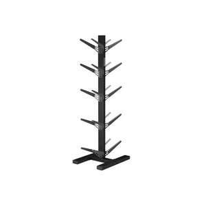 The Jordan Medicine/Slam Ball Storage Rack holds up to 10 balls, featuring a black metal vertical design with angled arms on each side and a sturdy base, ideal for organised storage in home or gym settings.