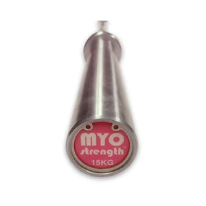 The MYO Strength 7ft Olympic Barbell – 15kg, featuring precision bearings and a 168,000 PSI rating, is ideal for powerlifting. Shown on a white background.