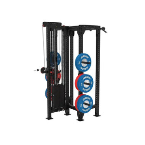 The JORDAN J75 Adjustable T Rack Cable Machine is a black all-in-one pulley and power rack system with Jordan-branded blue and red weight plates—perfect for versatile strength training using cables, pulleys, and bars.