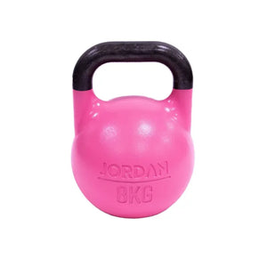 A pink 8kg JORDAN Competition Steel Kettlebell, BSI approved and colour-coded with a black handle and "JORDAN" plus "8KG" embossed on the front, isolated on a white background.