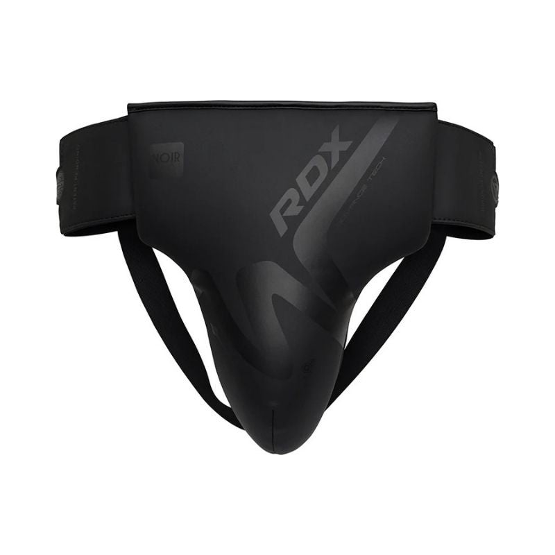 RDX - Noir T-15 Groin Guard offers sports safety with a wide waistband, adjustable straps, and a comfortable fit—ideal boxing and combat gear featuring RDX branding.