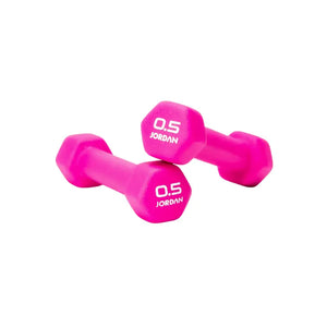 Two black JORDAN Neoprene Studio Dumbbells, each labeled "10 JORDAN" in white, rest on a white surface—stylish, colour-coded hex weights from Jordan for any home or studio gym setup.