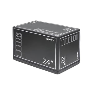 A black rectangular foam plyometric box with white markings and the word "SPIRIT" on the side. The box shows height measurements of 20", 24", and 30" for adjustable jump training exercises.
