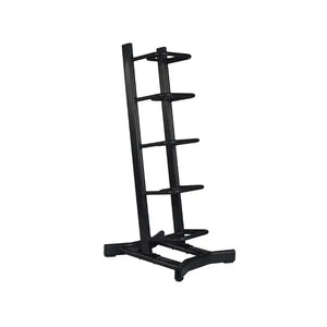 The Jordan JORDAN Sandbag Storage Rack – 5-Slot Heavy-Duty Organiser is a black vertical gym rack with five horizontal pegs for weight plates and sandbags, standing on a sturdy wide base—ideal for efficient fitness space management.