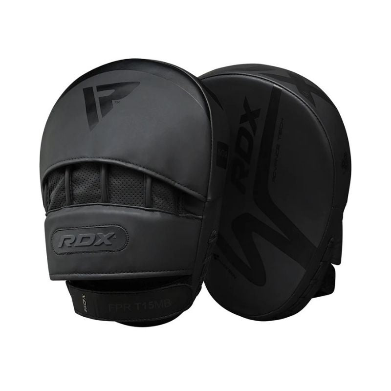 A pair of black RDX - Noir T-15 Focus Pads for boxing or martial arts, featuring ConvEX Skin Combat Leather, curved padding, mesh ventilation, and adjustable wrist straps.