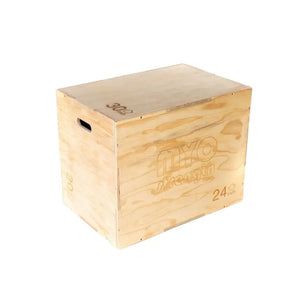 The MYO Strength 3-in-1 Wooden Plyometric Jump Box offers 20", 24", and 30" heights, visible wood grain, side handles, and engraved numbers—ideal for versatile jump training and fitness routines.