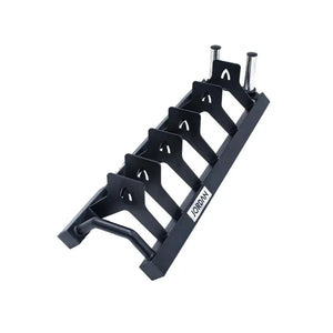 The JORDAN Weight Plate Toaster Rack by Jordan is a black metal rack with angled slots and a sturdy base, perfect for organizing multiple Olympic or bumper plates in your gym. The brand name appears on the side for easy identification.