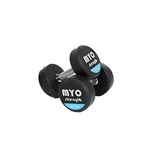 Two MYO Strength Rubber Dumbbells, each labeled 10 KG in black, white, and blue on the end, feature silver handles and a noise-reducing design. Durable and colour-coded, they are shown on a white background.