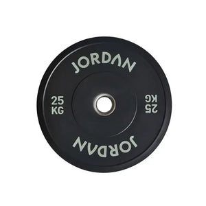 A 5kg JORDAN Rubber Bumper Plate, high-drop tested Olympic weight plate, black with “Jordan” in white lettering around the center hole, shown on a white background.