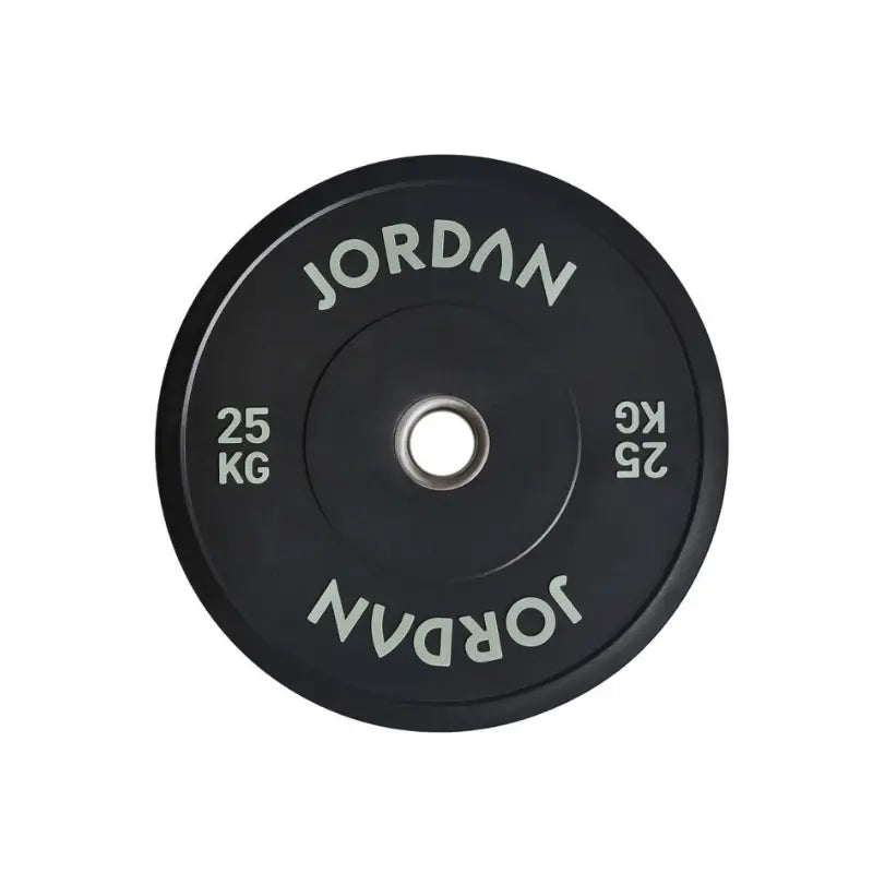 A 5kg JORDAN Rubber Bumper Plate, high-drop tested Olympic weight plate, black with “Jordan” in white lettering around the center hole, shown on a white background.