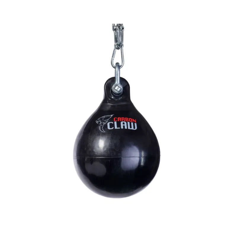 The Carbon Claw Aero AX5 Series Water Bag (15", 30kg) is a black, teardrop-shaped bag made from marine-grade PVC with a metal hook and the Carbon Claw logo, perfect for realistic body punch training.