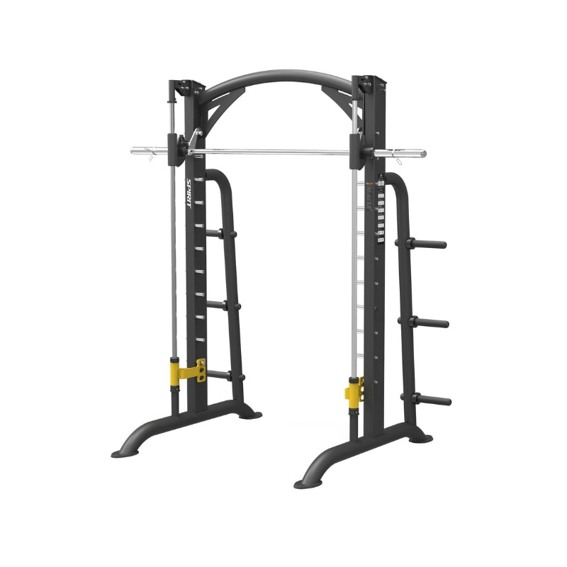 Black fitness power rack with multiple attachments on a white background