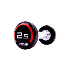 The JORDAN Premium Urethane Dumbbell, a commercial grade black dumbbell with red accents and a white "10" and "Jordan" logo on the end, is ideal for strength training and shown on a white background.