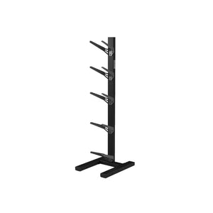 The JORDAN Medicine Ball Rack (5 Balls) by Jordan is a black, space-saving vertical gym rack with angled arms for organized storage, ideal for efficiently holding medicine balls in any fitness setting.