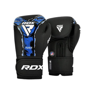 A pair of black boxing gloves with blue and white graphic accents, featuring the RDX logo and the model name AURA, shown against a plain white background.