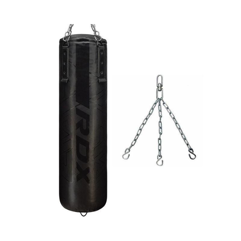 A black RDX - Kara F6 4ft / 5ft 2-in-1 Punching Bag Set hangs with metal chains next to a separate four-hook hanging chain, both displayed on a white background.