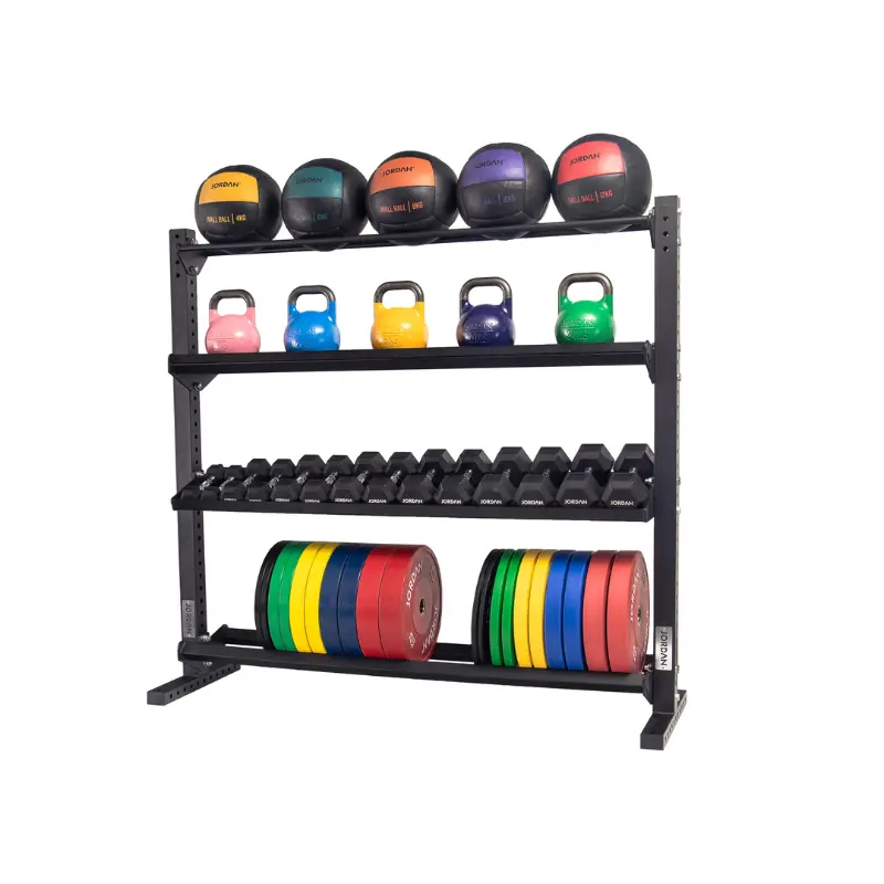 The JORDAN HELIX Multi Gym Storage Rack by Jordan neatly organizes medicine balls on top, colorful kettlebells on the next shelf, black dumbbells below, and assorted weight plates at the base for a streamlined workout space.