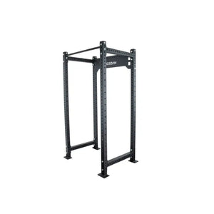 The JORDAN HELIX Fixed Power Rack by Jordan is a black metal rack with four uprights, multiple adjustment holes, a pull-up bar, sturdy rectangular frame, and J-Hooks—perfect for garage gyms or heavy-duty strength stations.