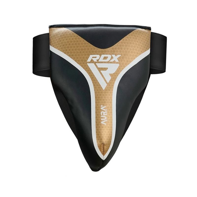 The RDX - Aura Plus T17 Groin Guard is a black and gold RDX protector with a wide waistband, designed for optimal protection in combat sports.