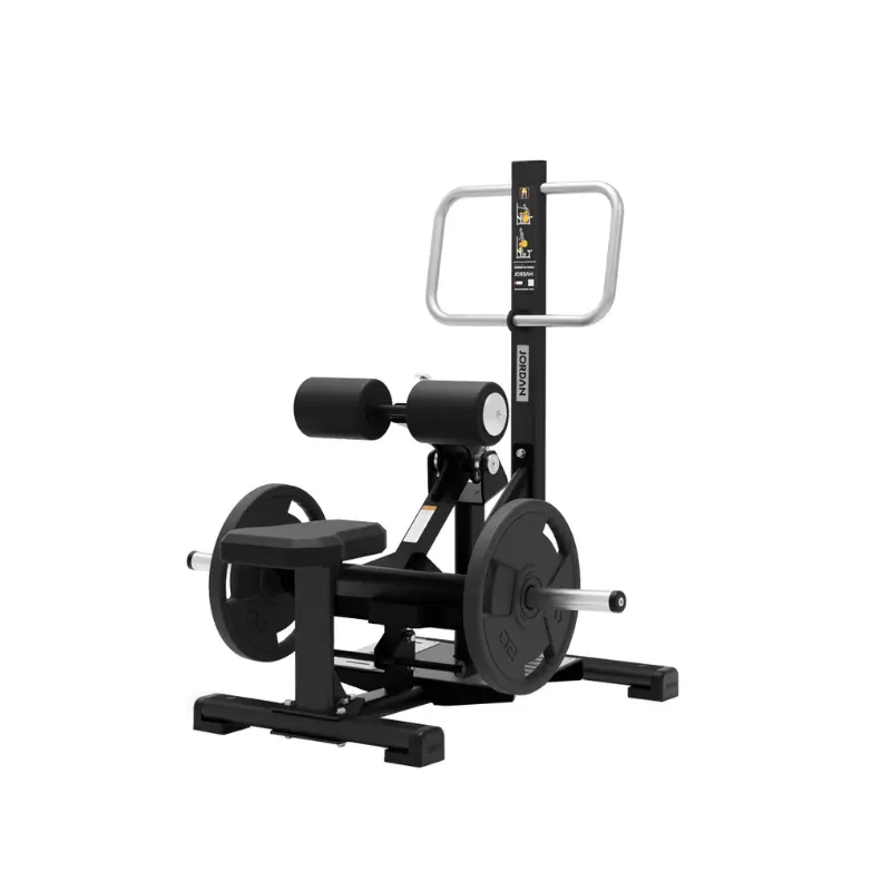 The JORDAN Standing Hip Thrust Machine by Jordan features adjustable rollers, band pegs, and a plate-loaded design, making it ideal for glute training in gyms or fitness centers. Durable black and silver build enhances any workout space.