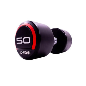 The JORDAN Premium Urethane Dumbbell, a commercial grade black dumbbell with red accents and a white "10" and "Jordan" logo on the end, is ideal for strength training and shown on a white background.