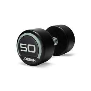 A black and silver Jordan Premium Urethane Dumbbell (commercial grade, 10kg) for strength training is shown on a white background, featuring the "Jordan" name and weight printed on the end.