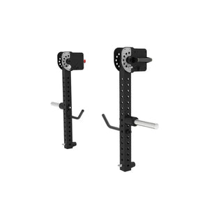 Pair of black J75 Jammer Arms by Jordan, with multiple holes and silver pegs, featuring angled handles and safety arms. Heavy-duty modular attachments for press and pull training. Shown on a white background.