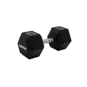 A single black JORDAN Urethane HEX Dumbbell with a silver handle rests on a white surface. Branded "Jordan," this durable, anti-roll weight offers versatile use and stability for lasting gym performance.