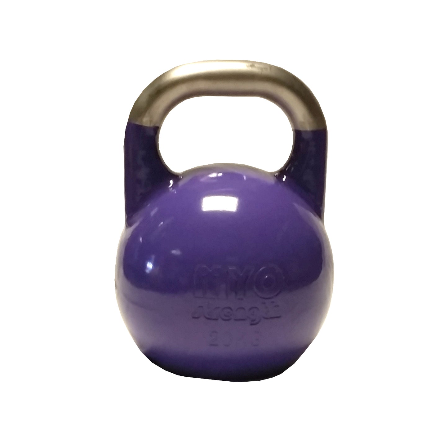 A 16 KG MYO Strength Competition Kettlebell by MYO Strength, purple with a smooth silver handle, perfect for functional strength training, shown on a white background.