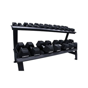 A single black JORDAN Urethane HEX Dumbbell with a silver handle rests on a white surface. Branded "Jordan," this durable, anti-roll weight offers versatile use and stability for lasting gym performance.