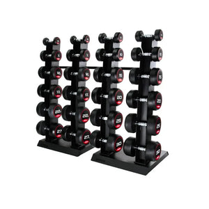The JORDAN Premium Urethane Dumbbell, a commercial grade black dumbbell with red accents and a white "10" and "Jordan" logo on the end, is ideal for strength training and shown on a white background.