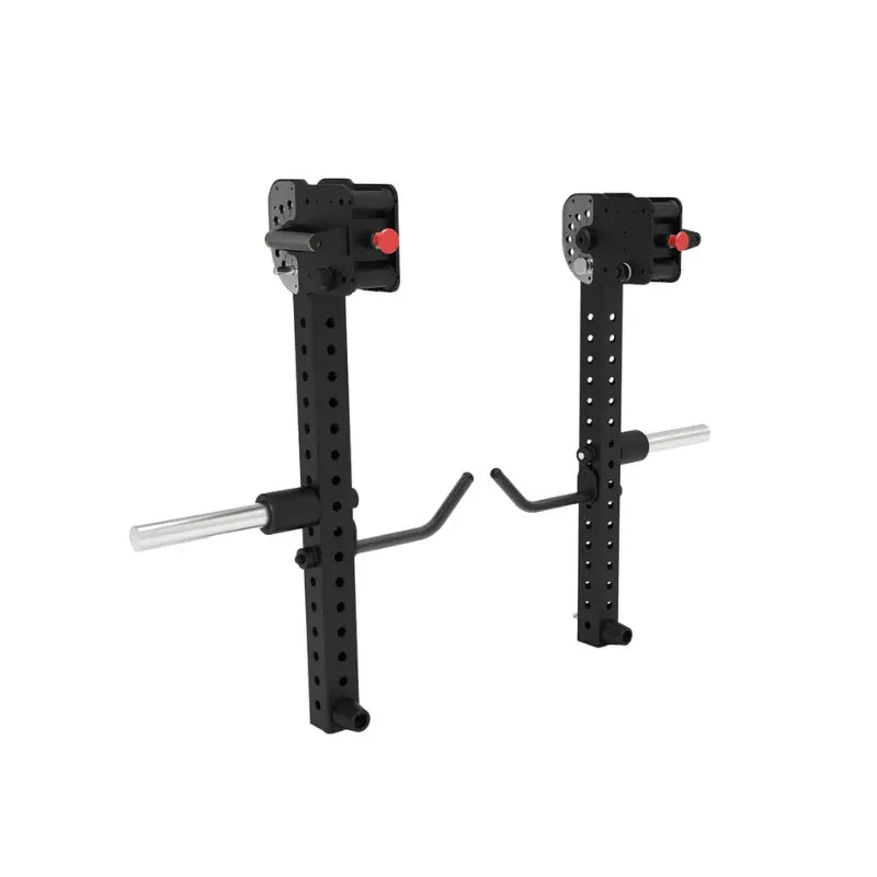 Pair of black J75 Jammer Arms by Jordan, with multiple holes and silver pegs, featuring angled handles and safety arms. Heavy-duty modular attachments for press and pull training. Shown on a white background.