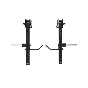 Pair of black J75 Jammer Arms by Jordan, with multiple holes and silver pegs, featuring angled handles and safety arms. Heavy-duty modular attachments for press and pull training. Shown on a white background.