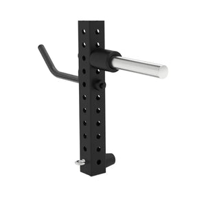 Pair of black J75 Jammer Arms by Jordan, with multiple holes and silver pegs, featuring angled handles and safety arms. Heavy-duty modular attachments for press and pull training. Shown on a white background.