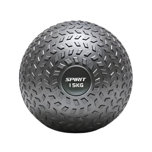A black textured slam ball with a rugged, tire-like pattern. The center label reads "SPIRIT 15 KG" in white text, indicating the brand and weight. The ball is shown on a white background.