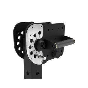 Pair of black J75 Jammer Arms by Jordan, with multiple holes and silver pegs, featuring angled handles and safety arms. Heavy-duty modular attachments for press and pull training. Shown on a white background.