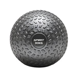 A textured black slam ball with "SPIRIT 30KG" labeled in white on the center, designed for strength training and fitness exercises.